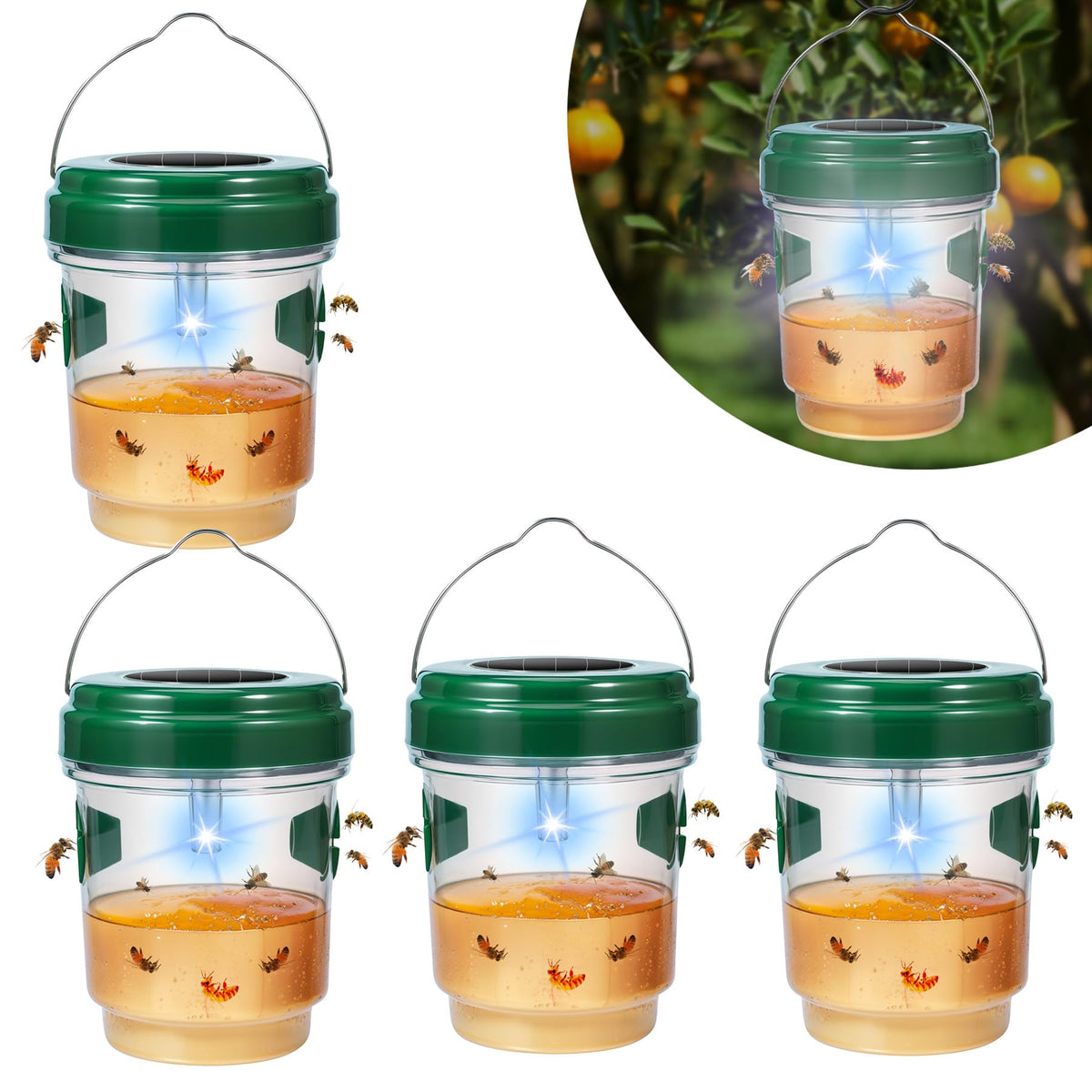 Jahy2Tech solar wasp trap outdoor hanging in a 4‑pack setup for patio protection