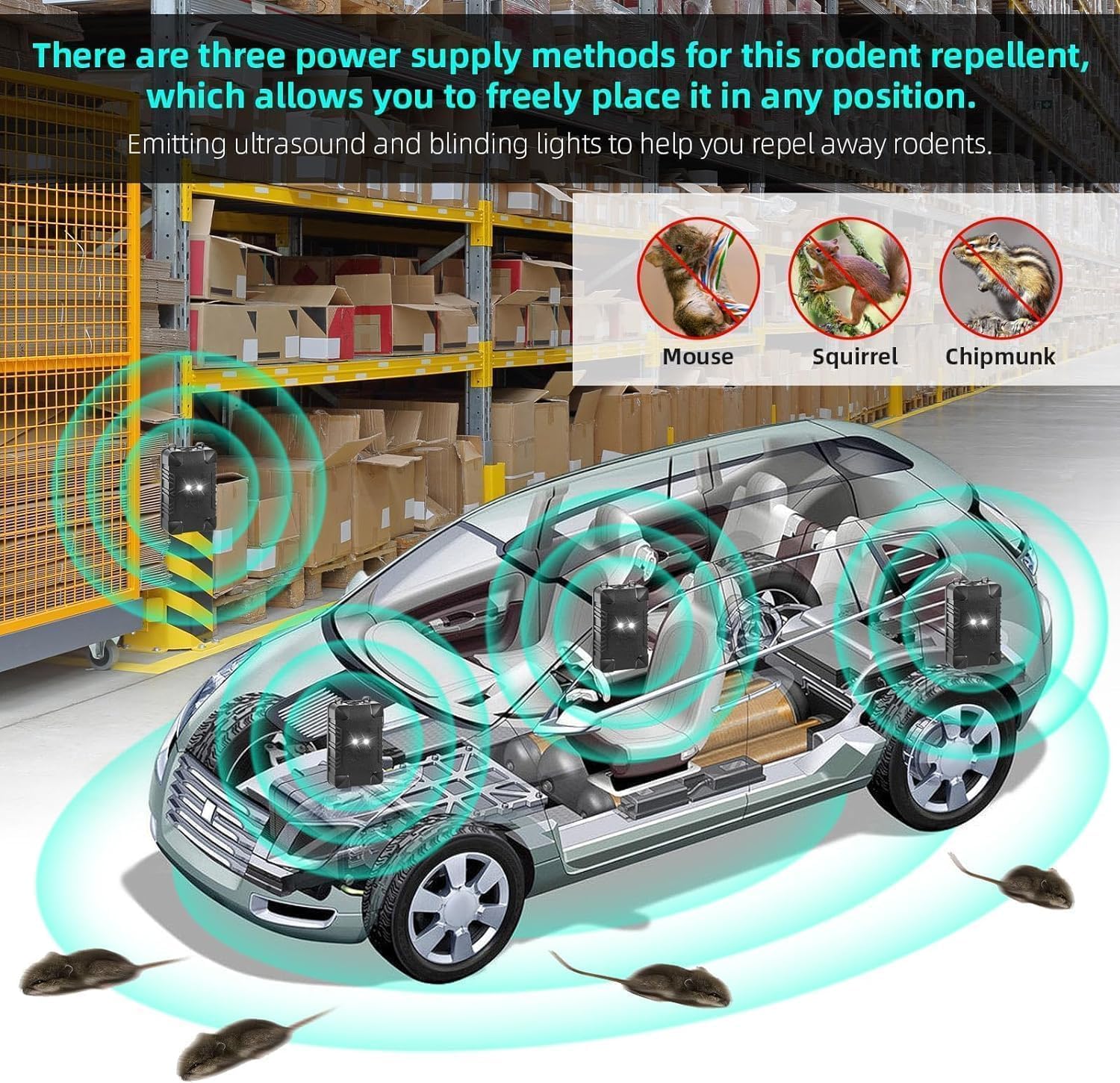 Jahy2Tech under hood repeller with strobe light deterring rodents visually.