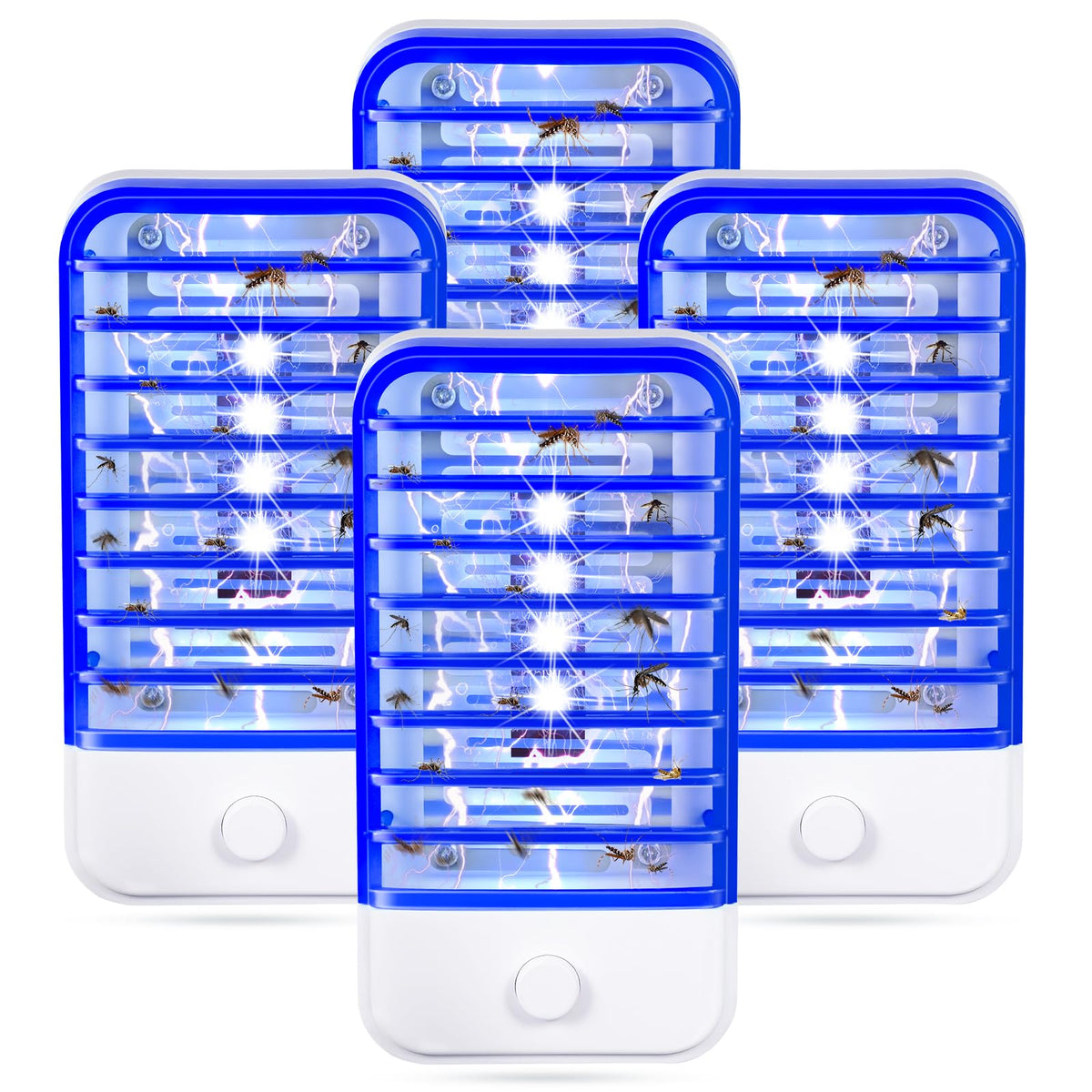 JahyElec 4-pack bug zappers plugged into outlets for multi-room protection.