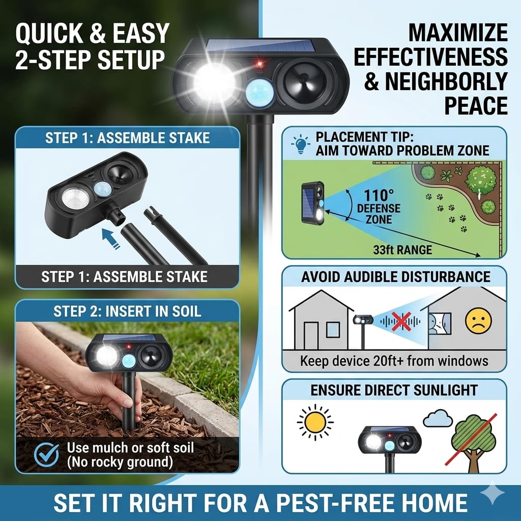 JahyElec portable-design deters animals in any outdoor space.