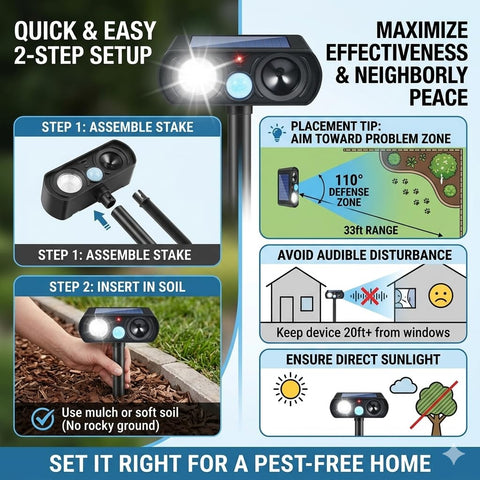 JahyElec portable-design deters animals in any outdoor space.