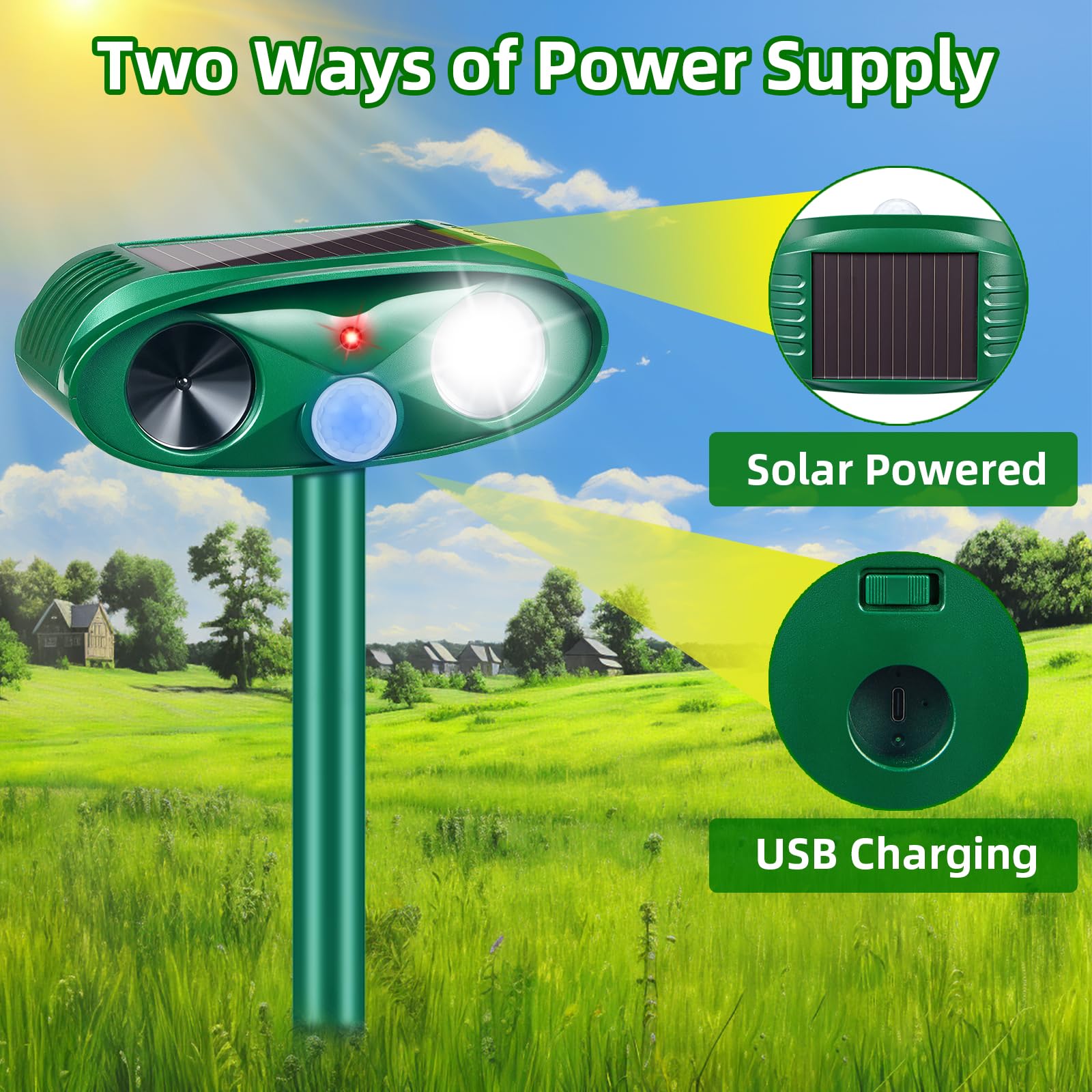 JahyElec LED strobe close-up illustrating flashing deterrent light.