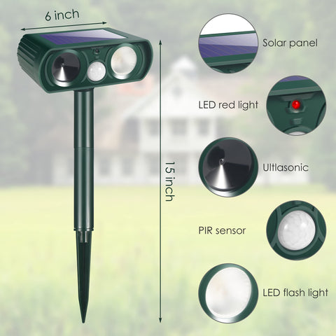 JahyElec motion-sensor activation triggers ultrasound and light deterrence.