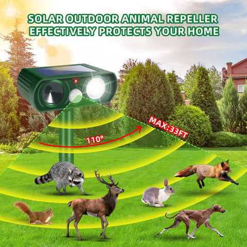 JahyElec deterrent mounted on tree keeps pests away from plants and landscaping.