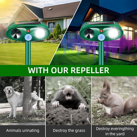 JahyElec solar animal deterrent side view for outdoor setup and plant protection.