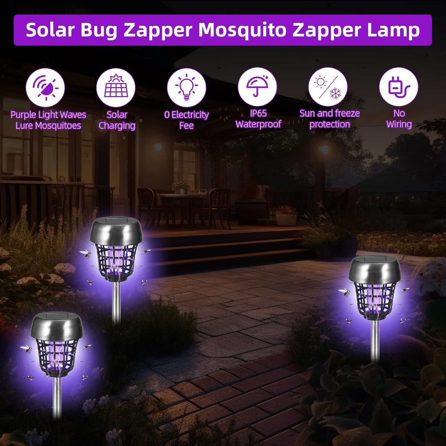 JahyElec solar bug zapper purple-light attract drawing mosquitoes.