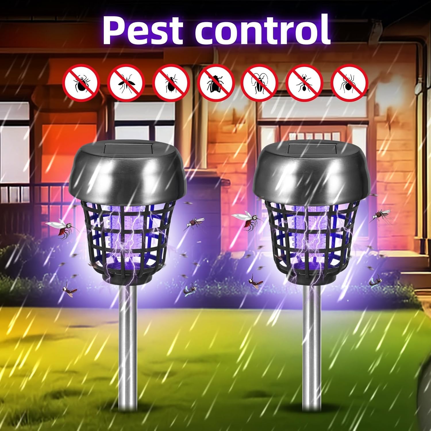 JahyElec solar bug zapper white LED lighting illuminating an outdoor path.