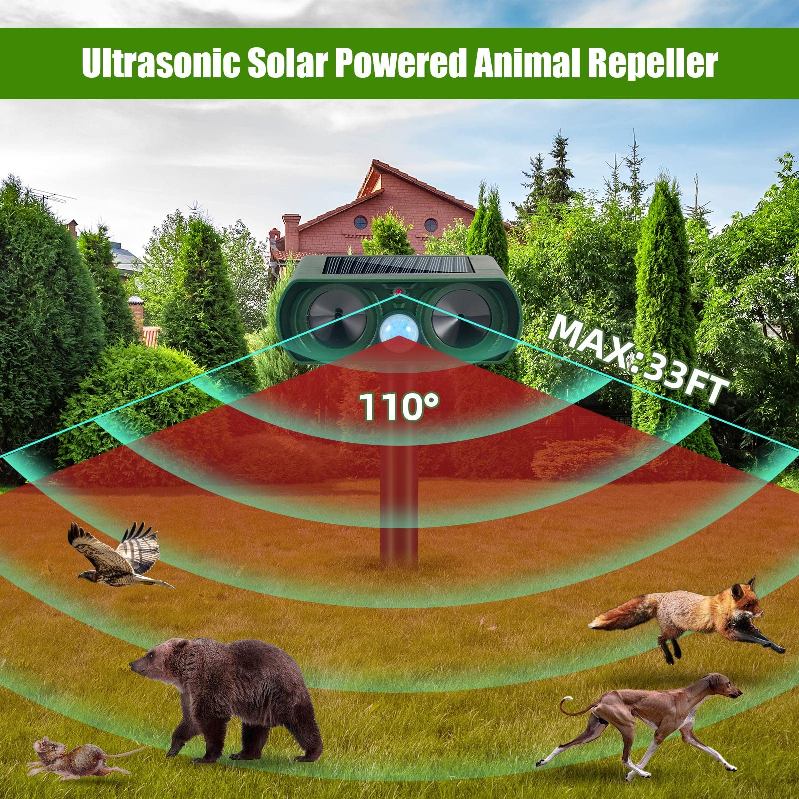 JahyElec solar-powered unit shown in sunny outdoor setup for deterrence.