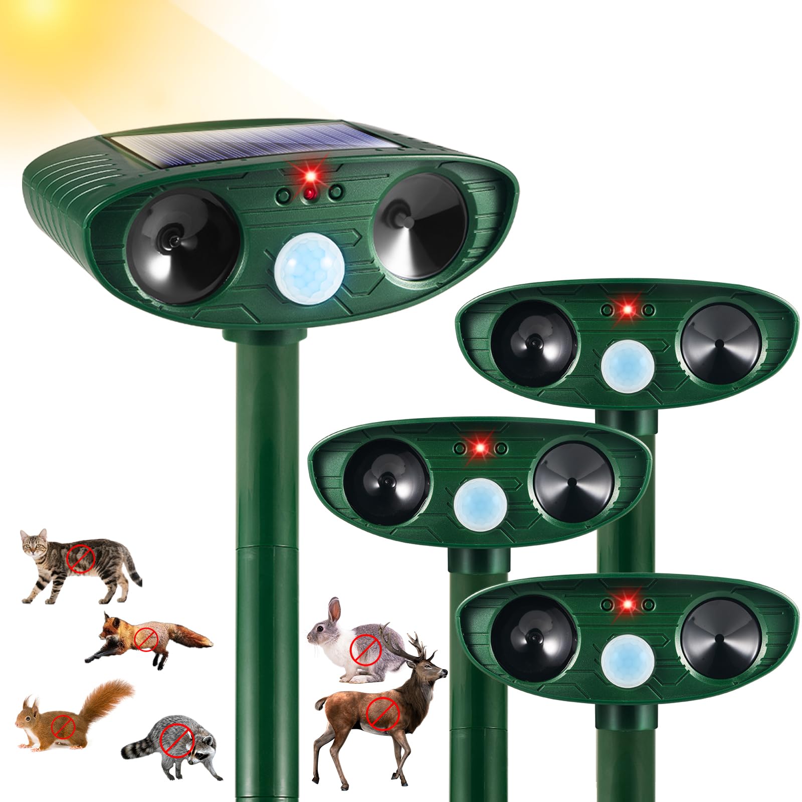 JahyElec solar ultrasonic animal repeller 4pcs deters wildlife from gardens with solar power.