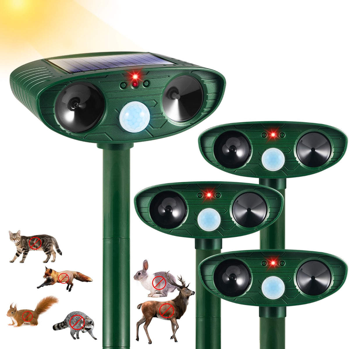 JahyElec solar ultrasonic animal repeller 4pcs deters wildlife from gardens with solar power.