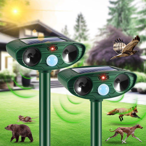 JahyElec solar ultrasonic animal repeller front view protects garden wildlife deterrence