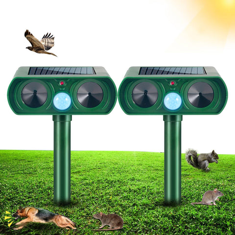 JahyElec solar ultrasonic animal repeller front view protects gardens without harming wildlife.
