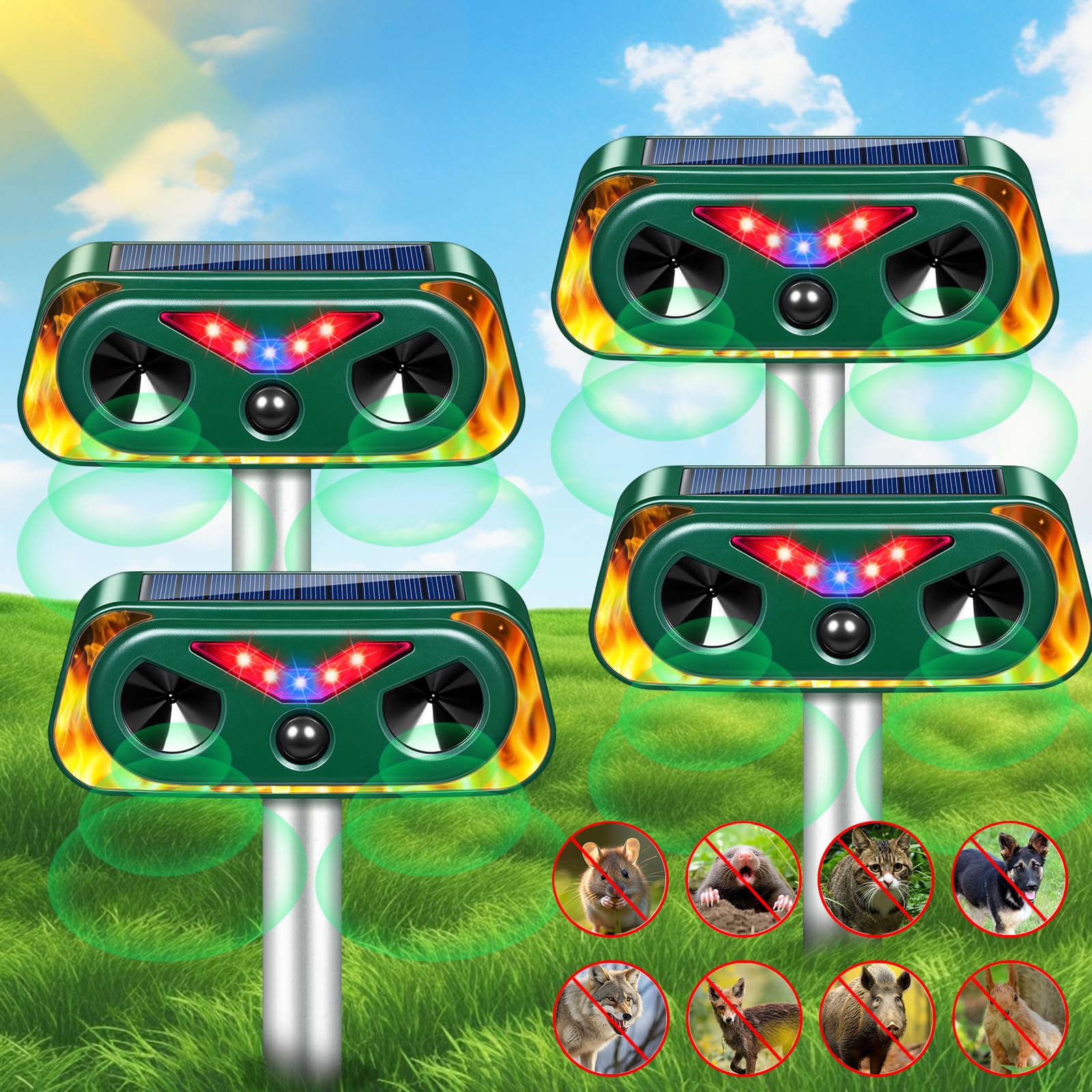 JahyElec solar ultrasonic animal repeller front view protects gardens from pests