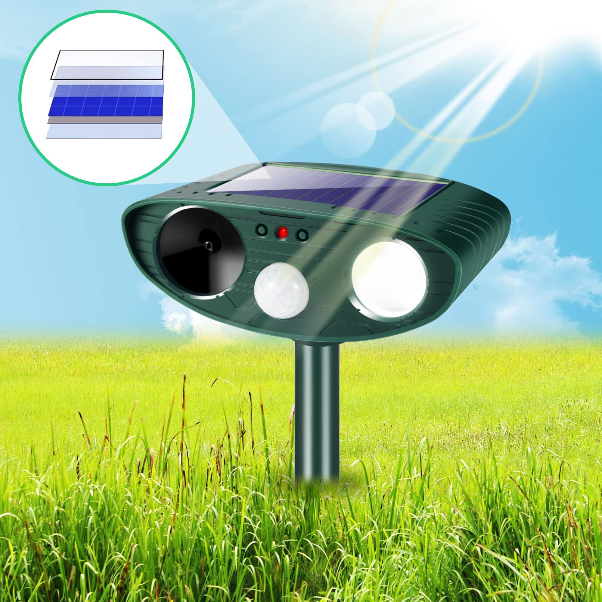 JahyElec repeller top view highlighting solar panel and strobe light for day and night deterrence