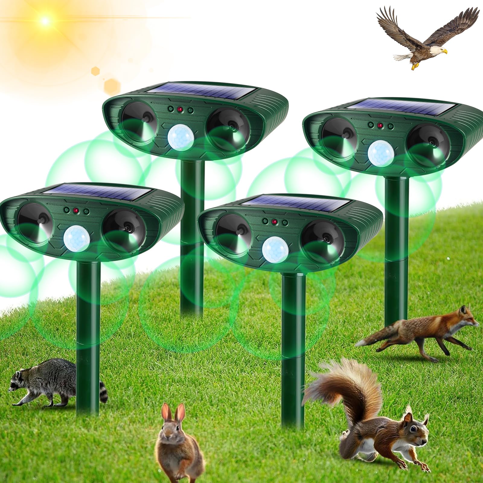 JahyElec solar ultrasonic repeller front view protects yard without harming wildlife
