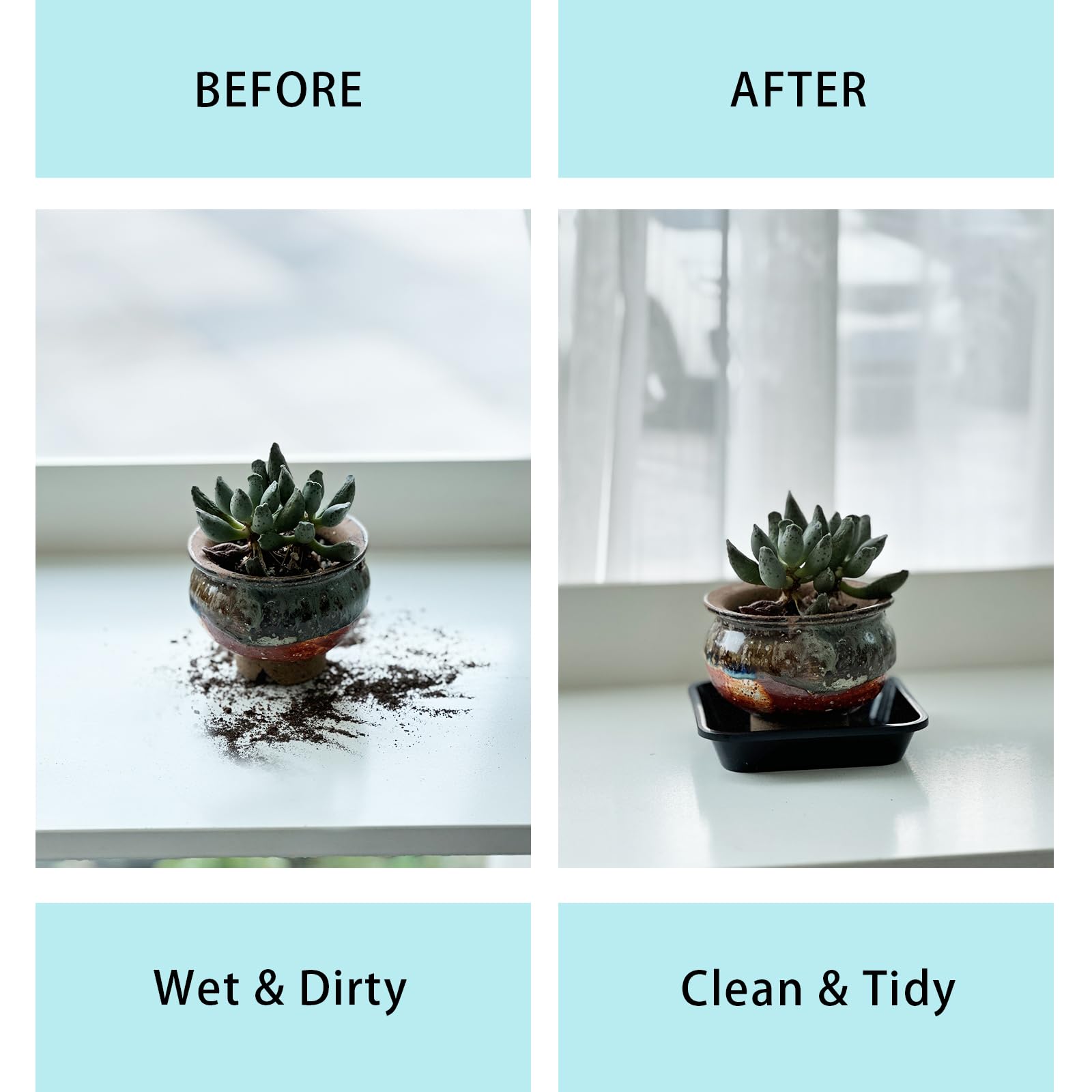 JAKOUE protects surfaces from water damage while keeping pots organized on windowsills.