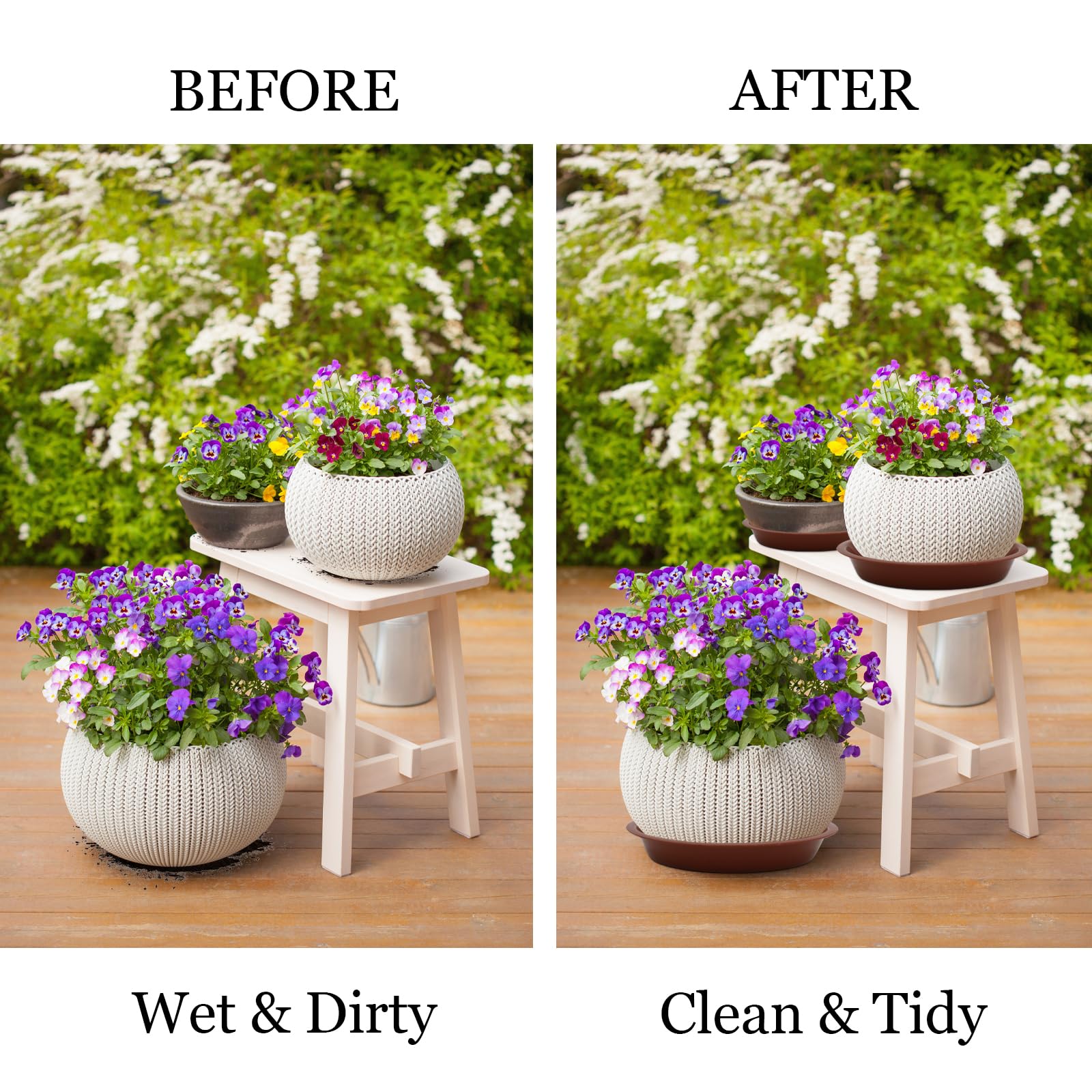 JAKOUE weatherproof saucers for indoor or outdoor use across seasons.