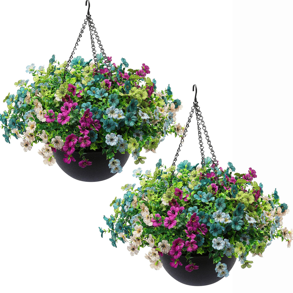 JAKY-Global 2-set artificial hanging plants in UV-resistant outdoor basket.