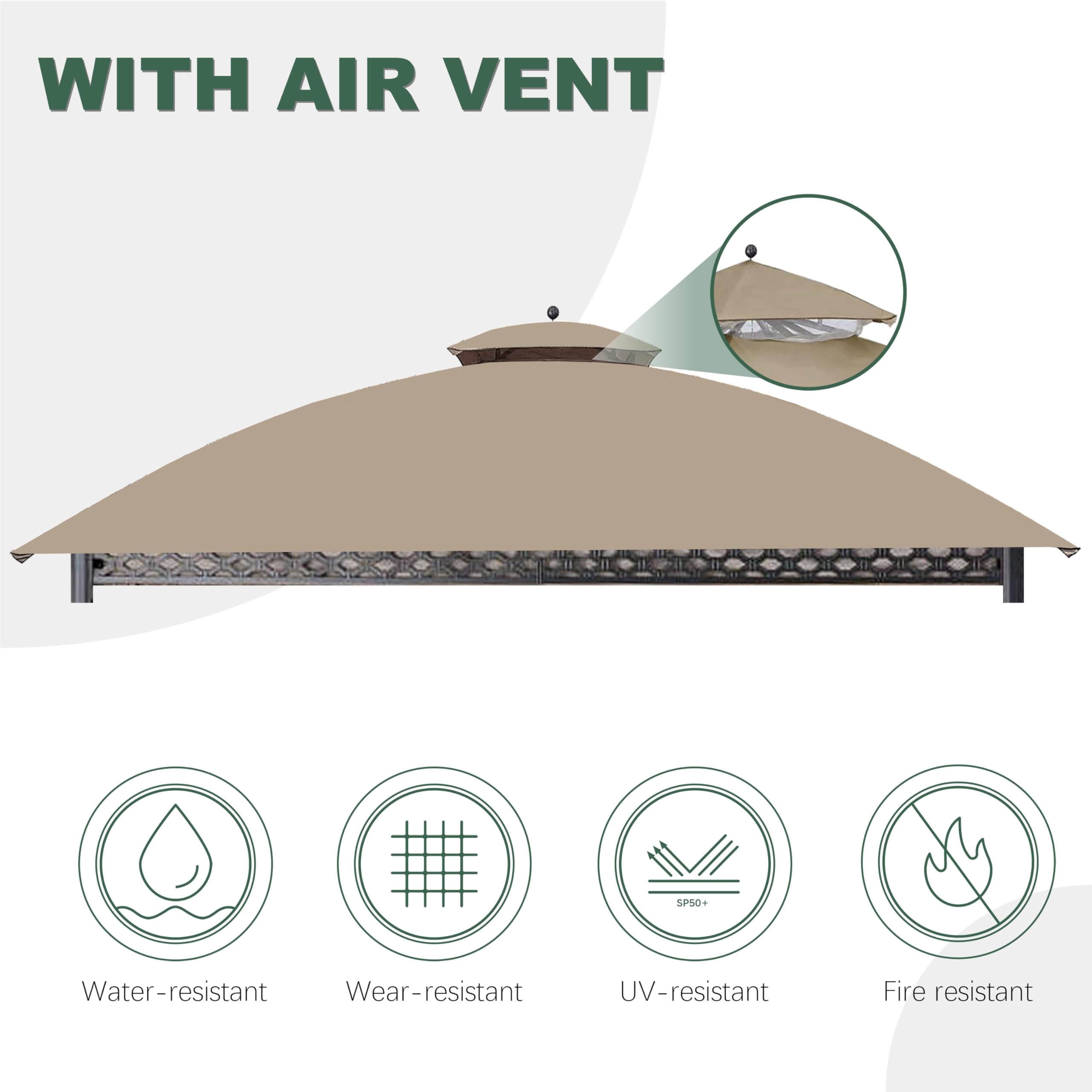Water-resistant khaki fabric ready for year-round gazebo use.