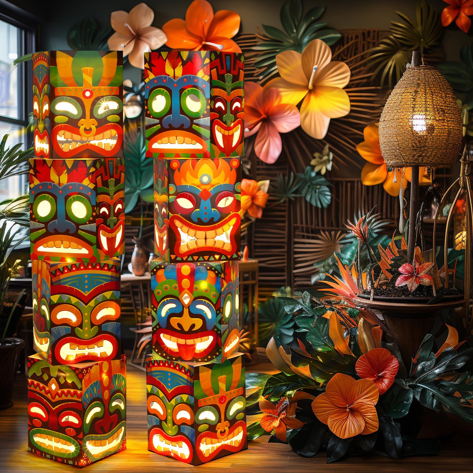 Janjlaugh tiki decor at dusk delivers warm tropical ambience