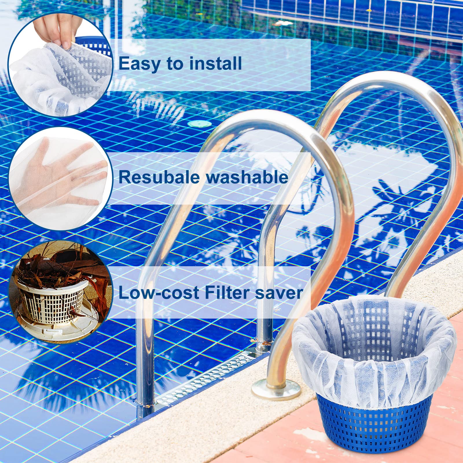 Janmercy sock catching leaves and hair during pool maintenance.