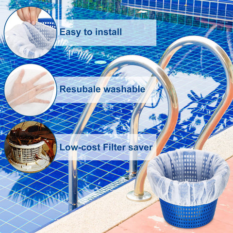 Janmercy sock catching leaves and hair during pool maintenance.