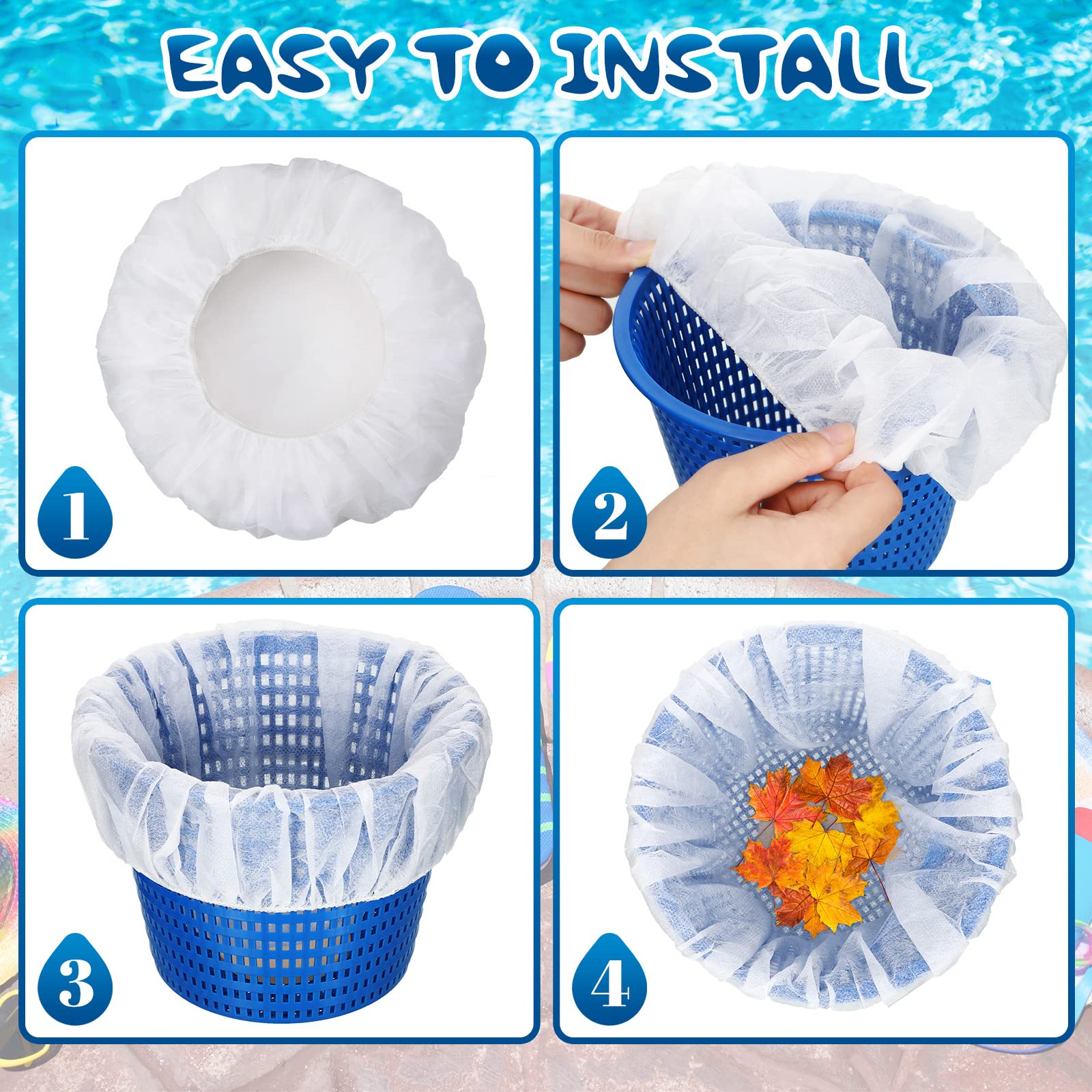 Janmercy sock installed on a pool skimmer basket for easy cleanup.