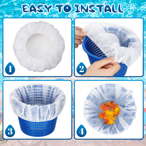 Janmercy sock installed on a pool skimmer basket for easy cleanup.