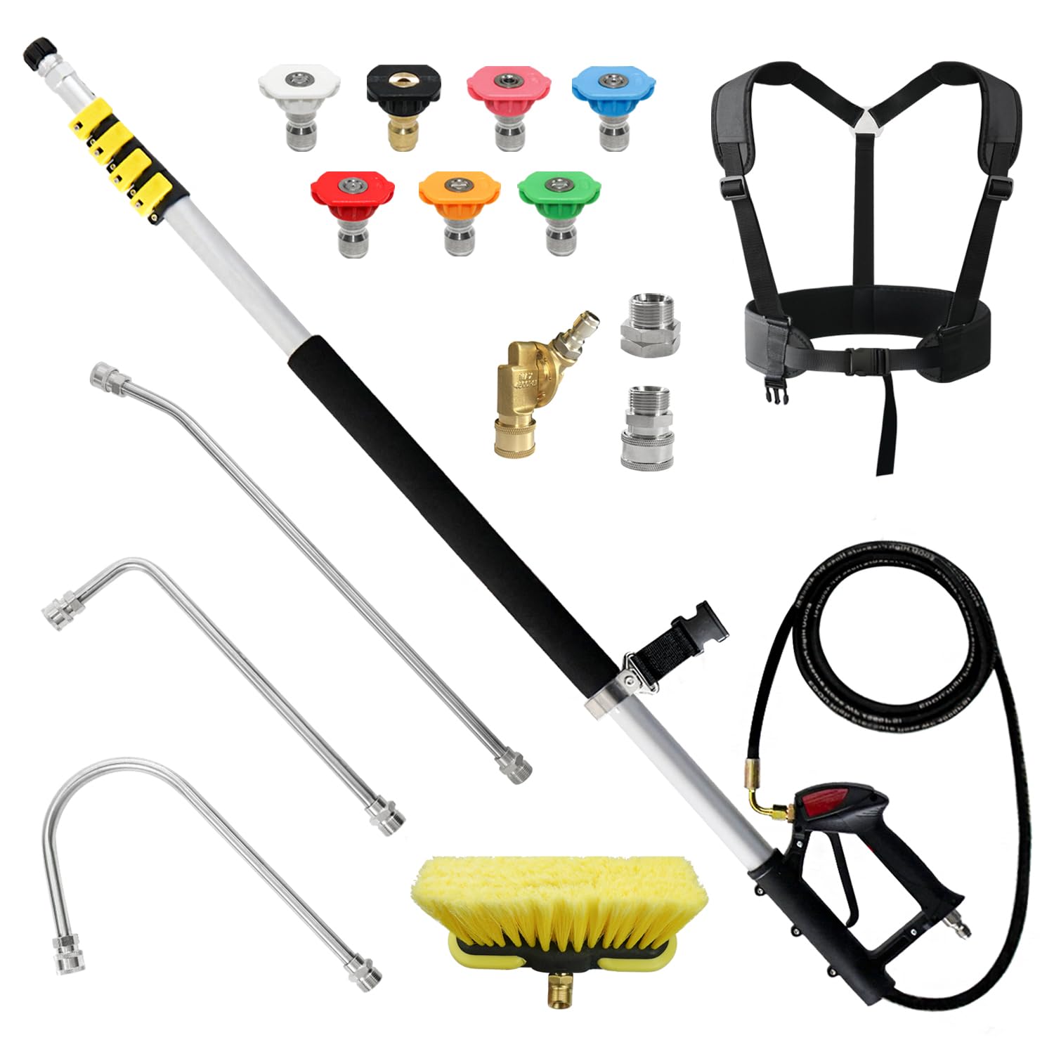 JANZ 24 ft telescoping wand extended for ladder-free reach to soffits and gutters.