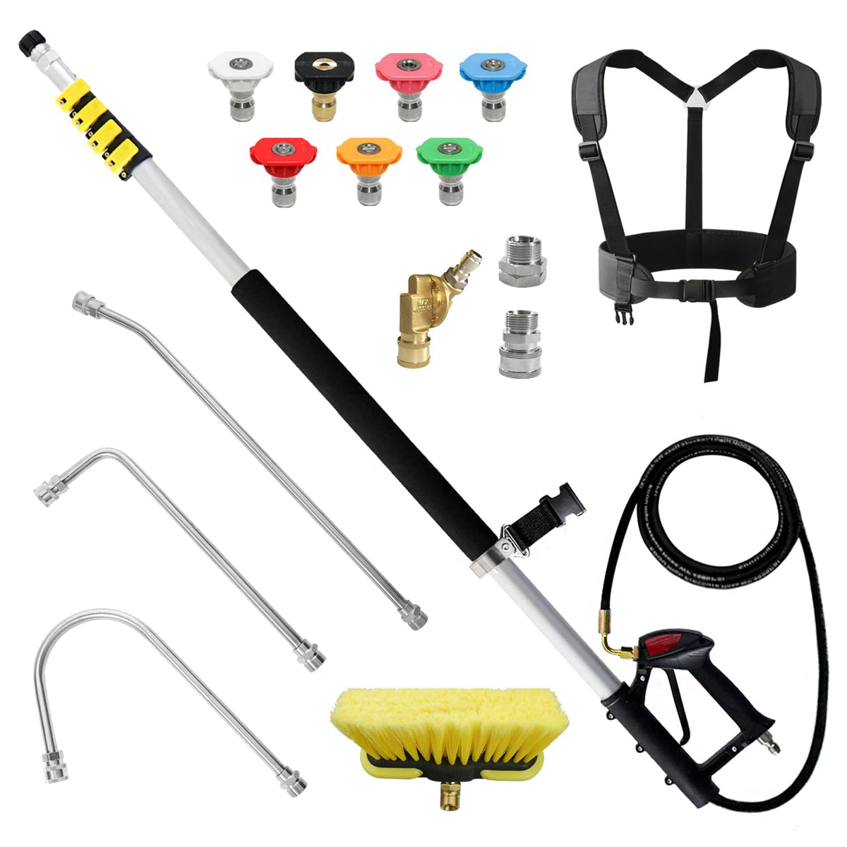 JANZ 24 ft telescoping wand extended for ladder-free reach to soffits and gutters.