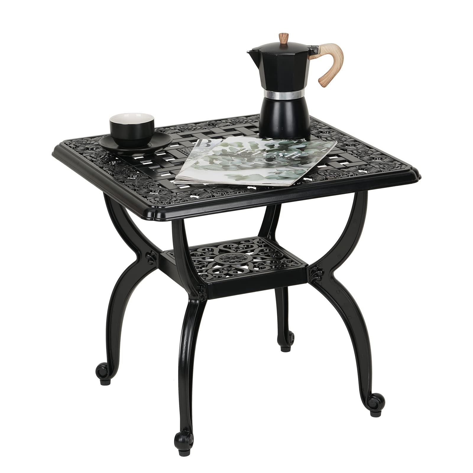 JARDIN DE CENTENNIAL cast aluminum outdoor side table being assembled for outdoor use