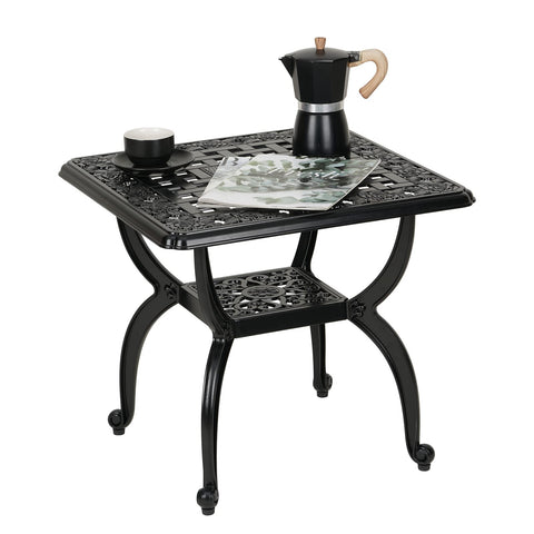 JARDIN DE CENTENNIAL cast aluminum outdoor side table being assembled for outdoor use