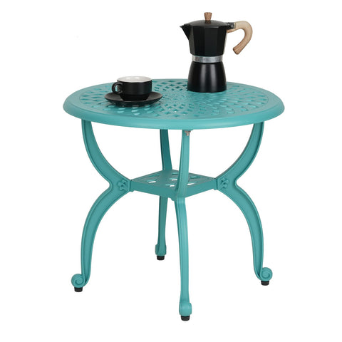 JARDIN DE CENTENNIAL round blue outdoor side table on patio, ideal with seating.