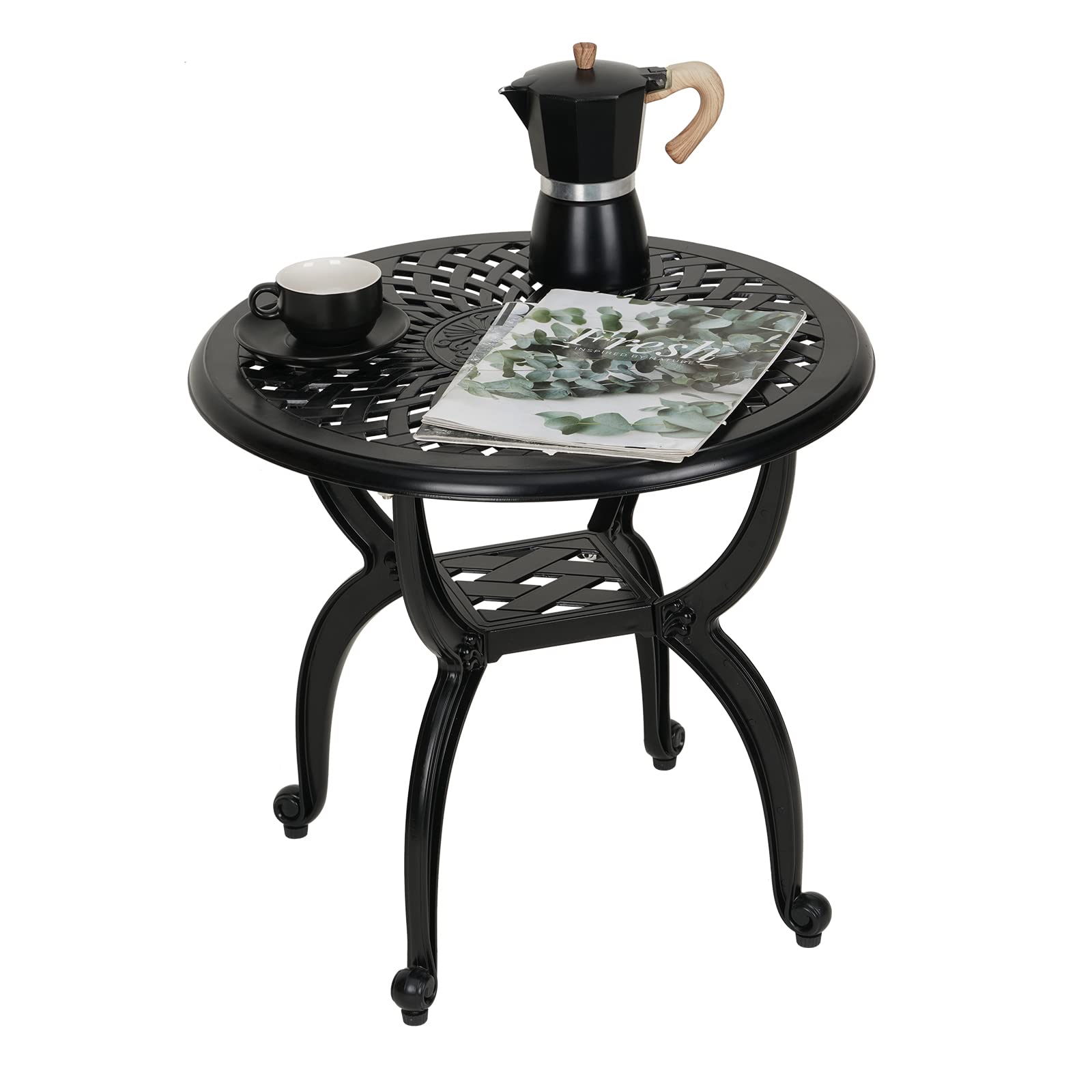 Jardin de Centennial round black cast aluminum side table for outdoor use