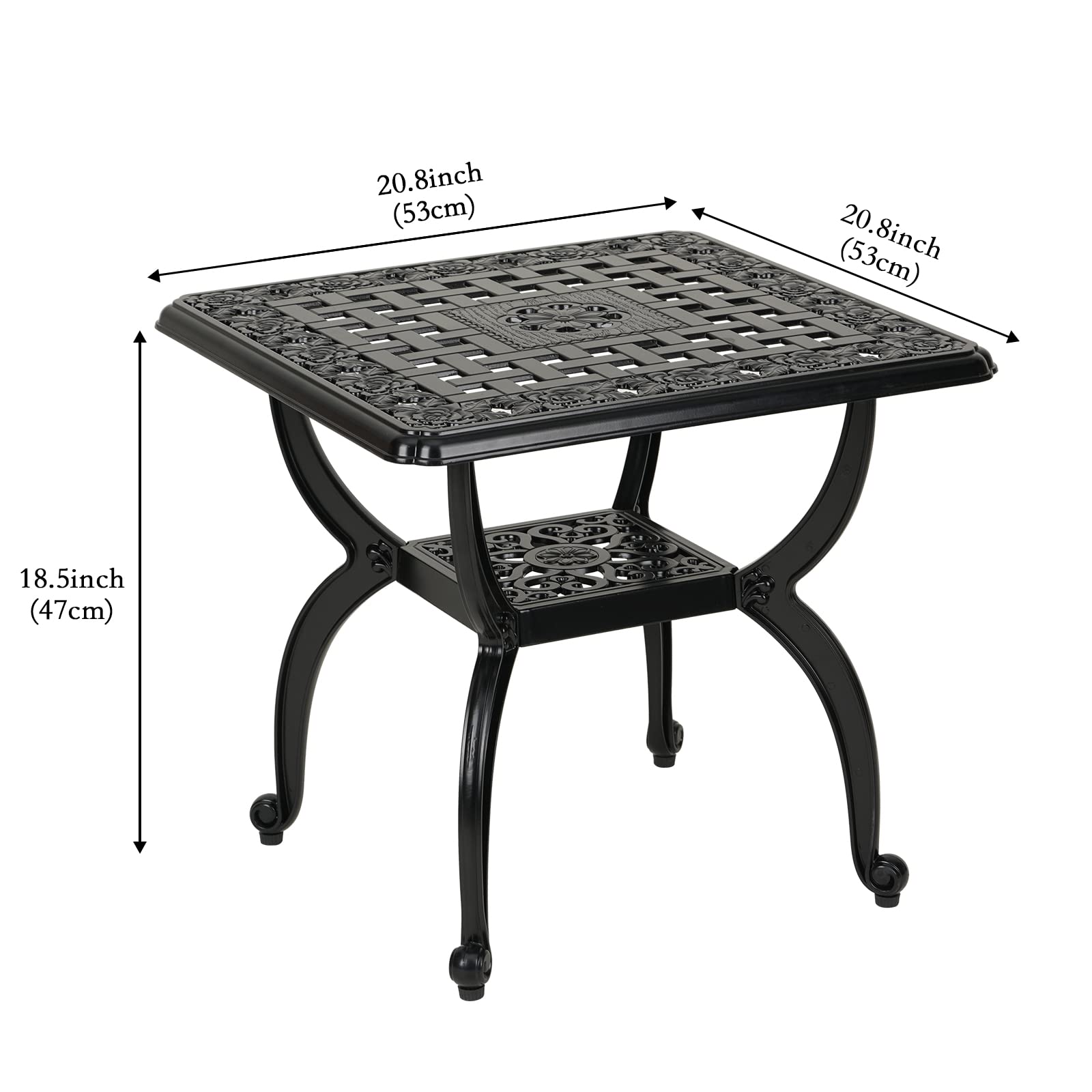 Top view highlights square 20.8x20.8 inch surface for snacks and drinks
