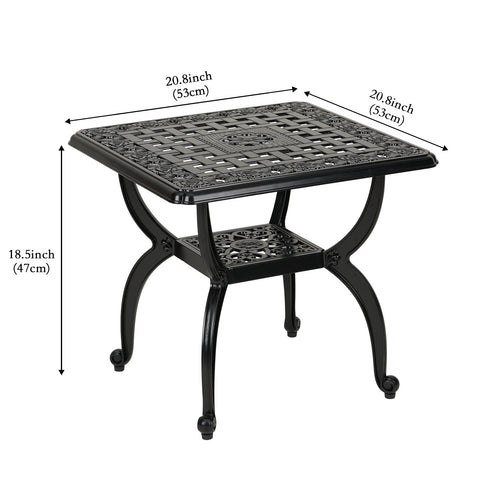 Top view highlights square 20.8x20.8 inch surface for snacks and drinks