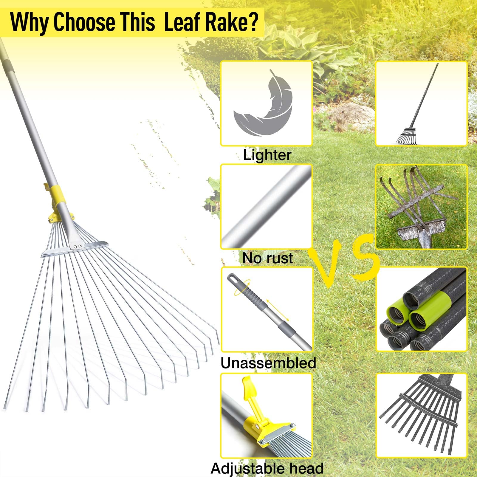Jardineer 64-inch rake handle extended for comfortable height.