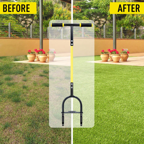 Jardineer two-tine core aerator helps relieve soil compaction in lawns.