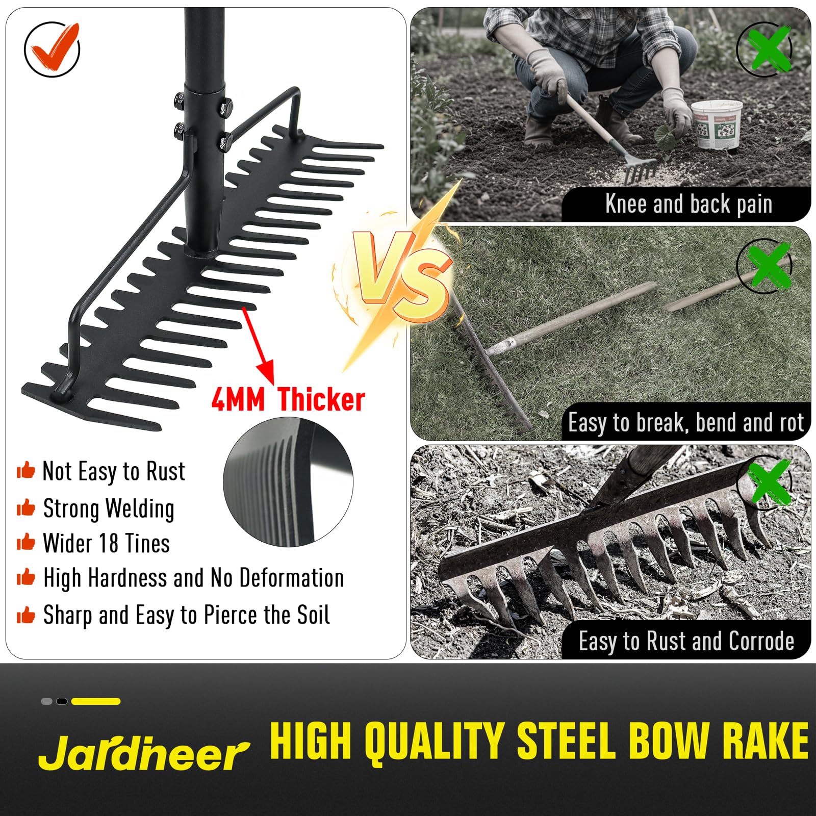 Jardineer anti-rust carbon steel rake resists corrosion for long-term garden use.