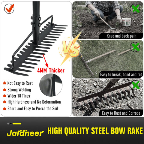 Jardineer anti-rust carbon steel rake resists corrosion for long-term garden use.