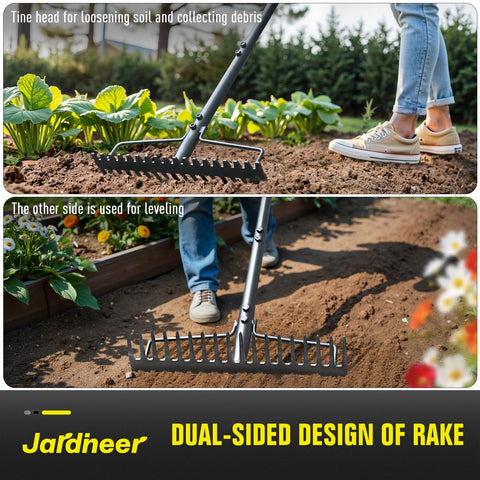 Jardineer 18-tine wide-head rake covers more ground while protecting delicate plant roots.