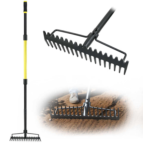 Jardineer Bow Rake with a 59-inch handle for efficient soil leveling and debris cleanup.