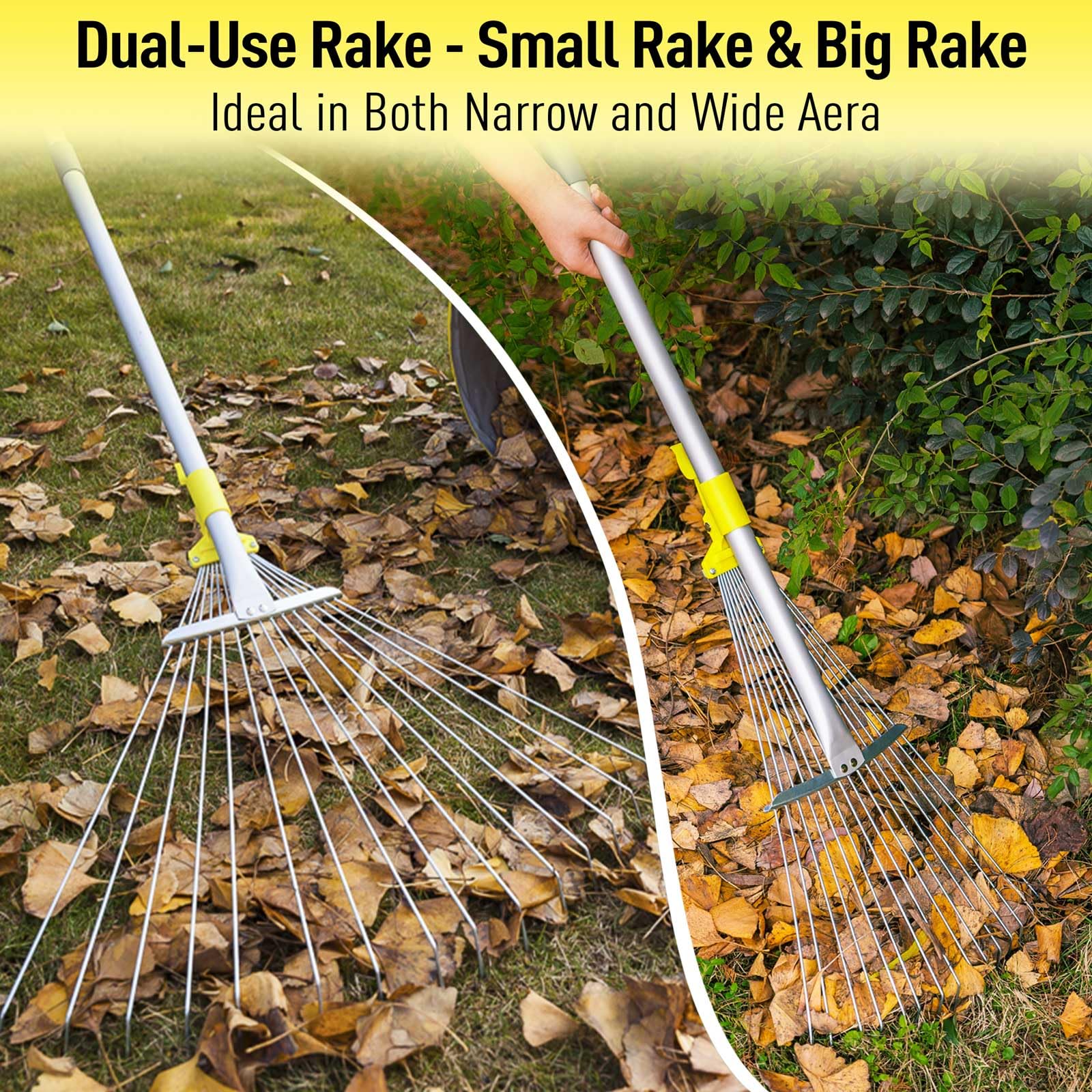 Jardineer collapsible garden rake stores compactly for camping or garage storage.