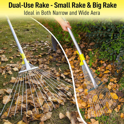 Jardineer collapsible garden rake stores compactly for camping or garage storage.