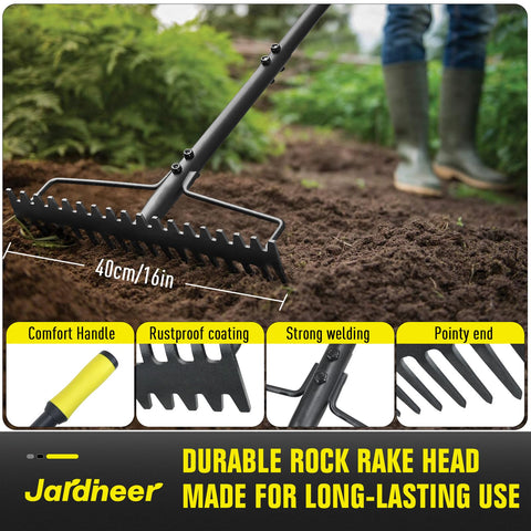 Jardineer dual-sided bow rake adapts for breaking compacted soil and spreading mulch.