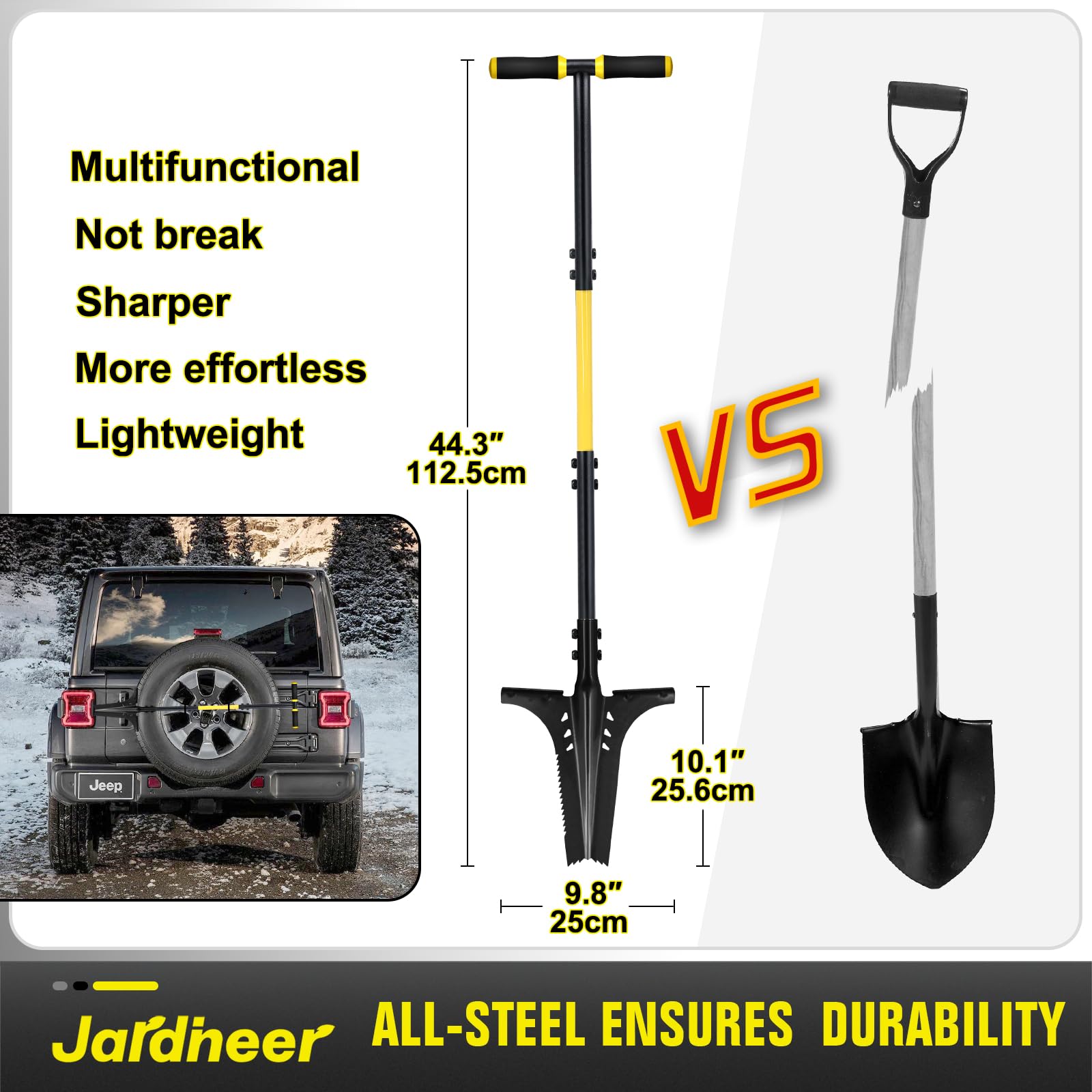Jardineer garden-shovel multi-functional-tool adapts to digging and trenching tasks.