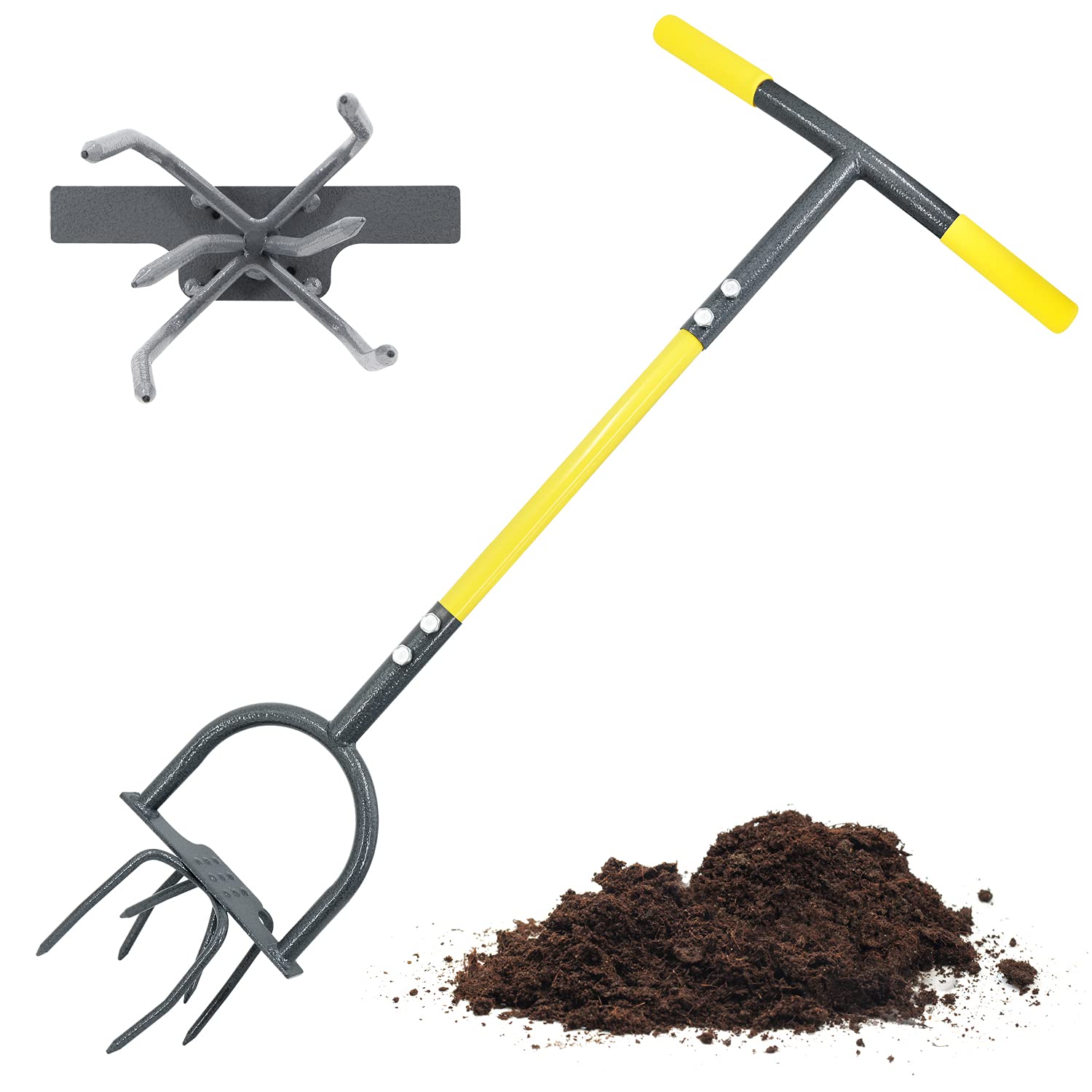 Jardineer Hand Tiller with anti-slip foot plate enhances soil penetration and control.