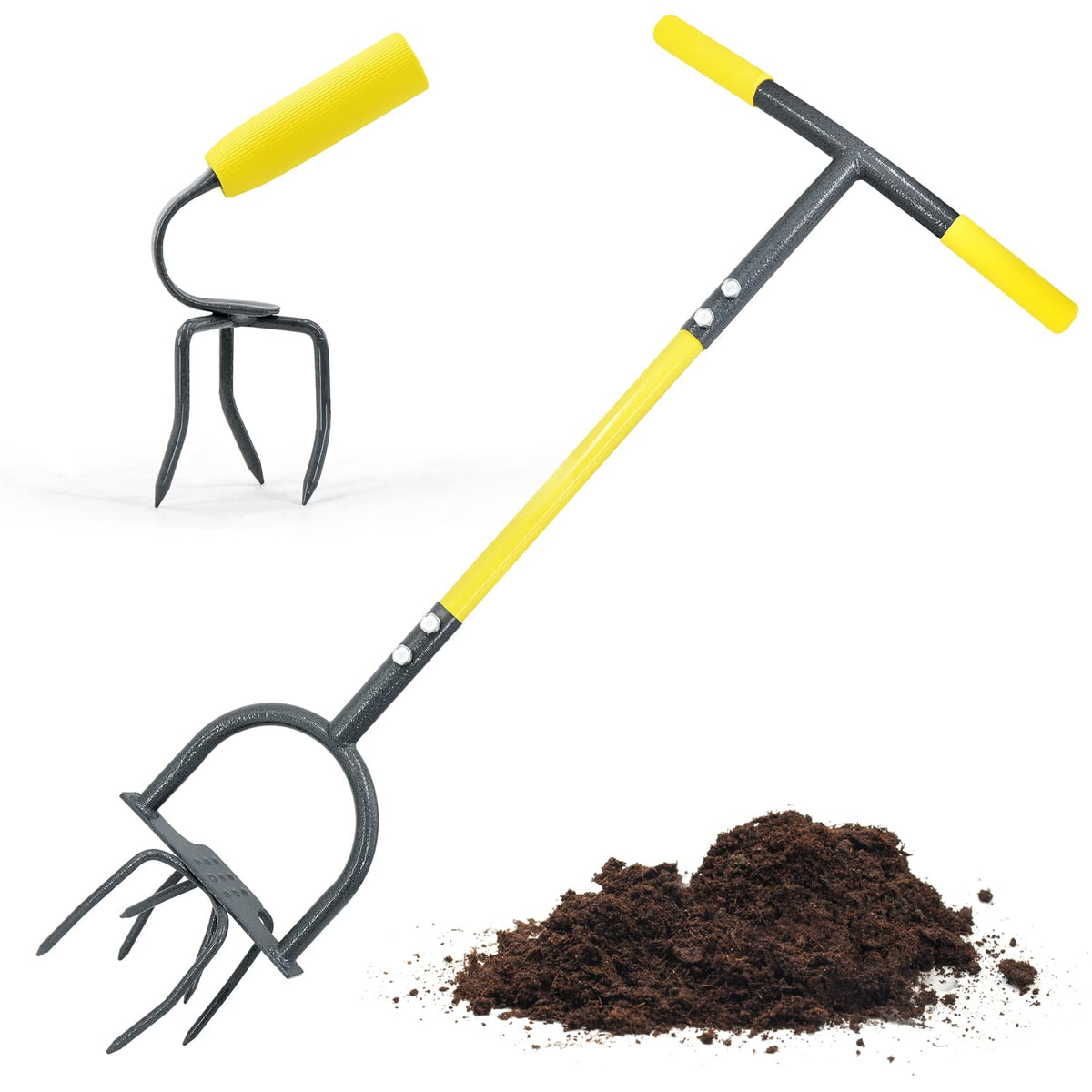Jardineer hand-tiller-combo-pack shown with twist tiller and claw, ready for raised beds.