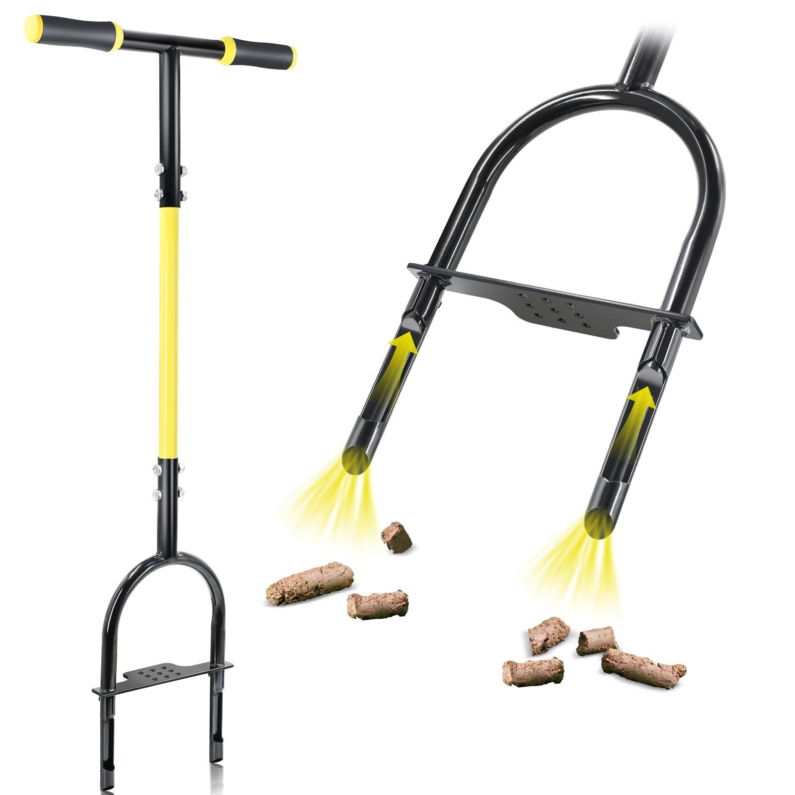 Jardineer manual core aerator with 38-inch frame supports upright use for back-friendly lawn care.