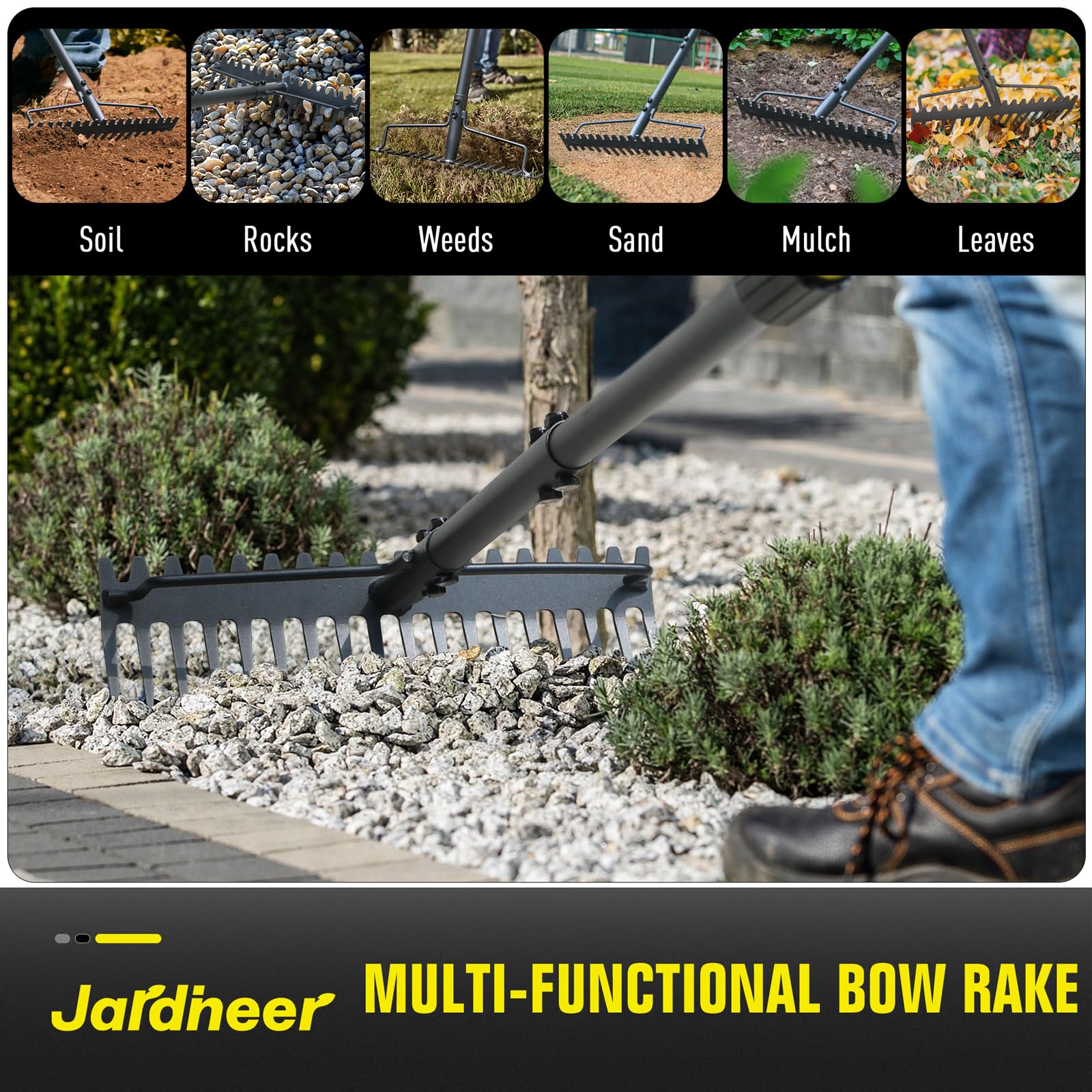 Jardineer multi-purpose garden rake handles gravel, topsoil, leaves, and weed removal.